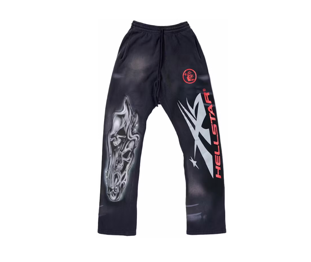 Hellstar Airbrushed Skull Flare Bottom Sweatpants Midnight Dye Black